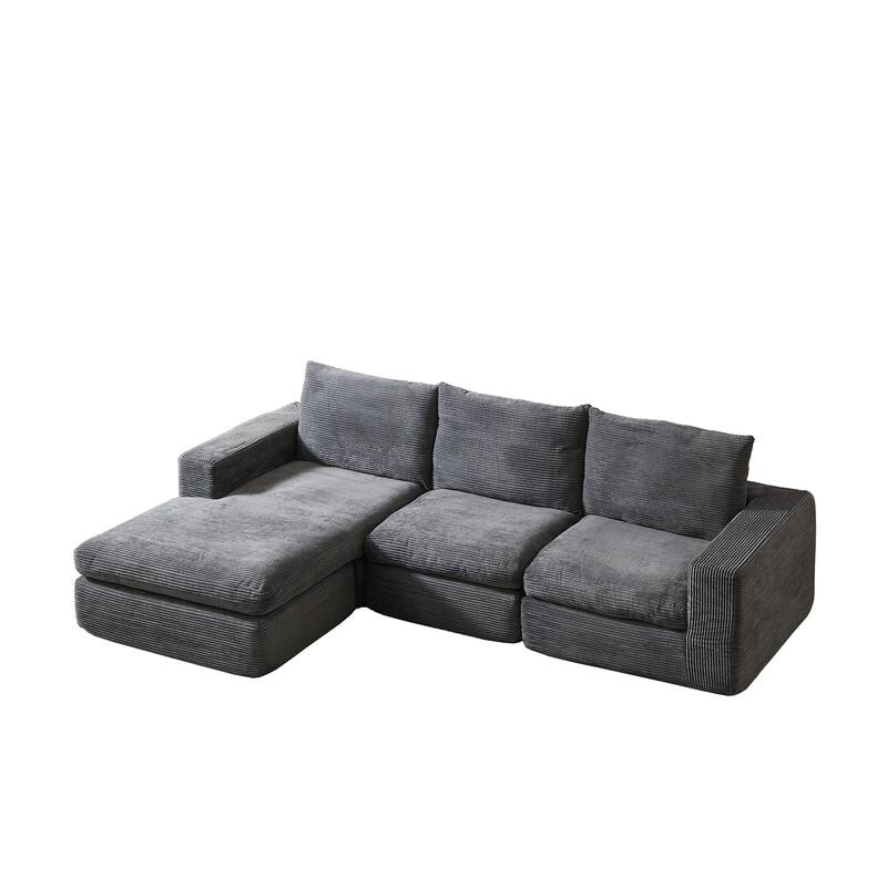 L-Shaped Sectional Sofa with Chaise Lounge, Corduroy Upholstered Boneless Couch, Module Corner Sofa with 3 Pillows