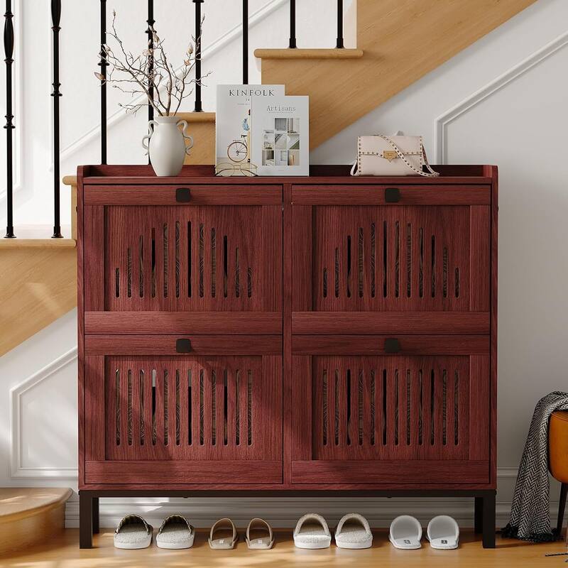 Freestanding 4 Flip Drawer Shoe Cabinet Organizer for Entryway, Hallway, Living Room - Brown