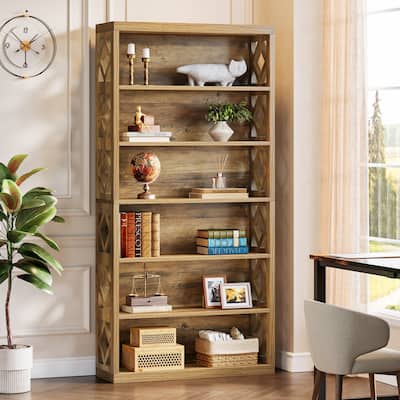 7-Tier Brown Wood Bookshelf, Floor Standing Open Display Storage Shelves