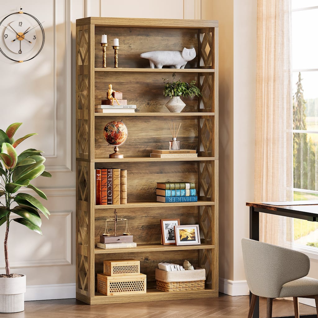 7-Tier Brown Wood Bookshelf, Floor Standing Open Display Storage Shelves