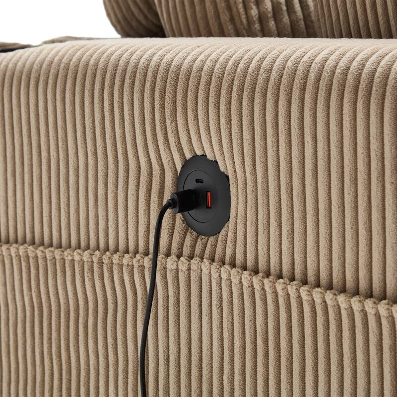 Oversized Corduroy Upholstered Single Chaise Lounge Sofa Couch Switchable Armrest with Cup Holders, USB Ports and Pockets
