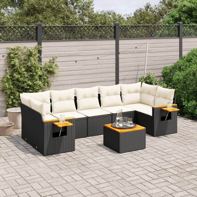 vidaXL Patio Sofa Set with Cushions Outdoor Furniture 8 Piece Poly Rattan - Black and cream - 24.4 x 33.5 x 27.2 in
