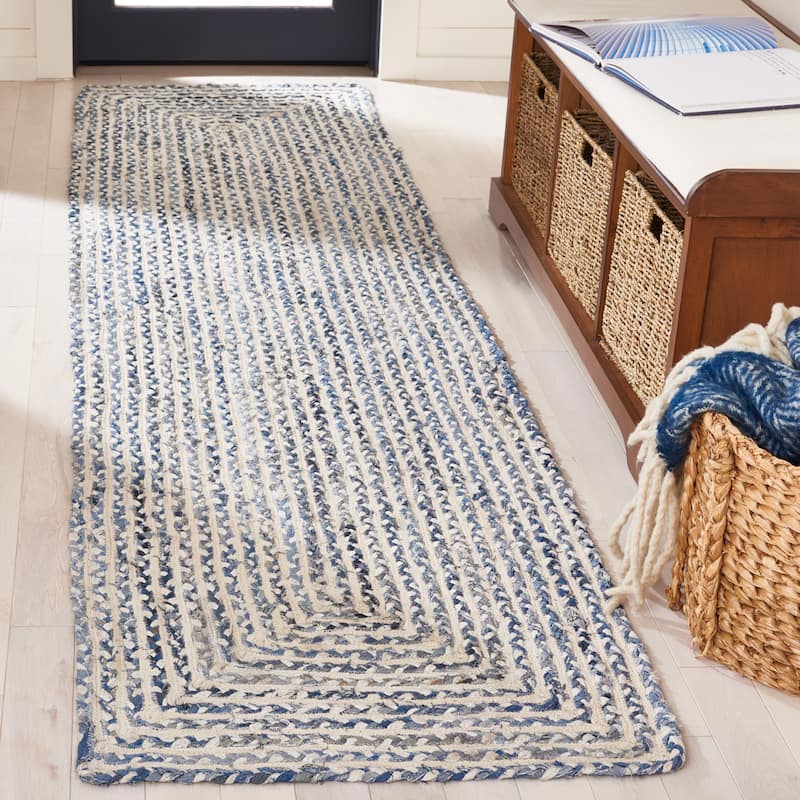 SAFAVIEH Handmade Braided Tadako Cotton Rug - 2'3" x 9' Runner - Blue/Ivory