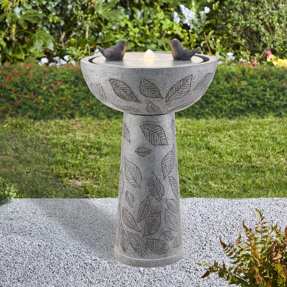 Glitzhome 27.5"H Two Birds Embossed Ceramic LED Birdbath Patio Outdoor Fountain
