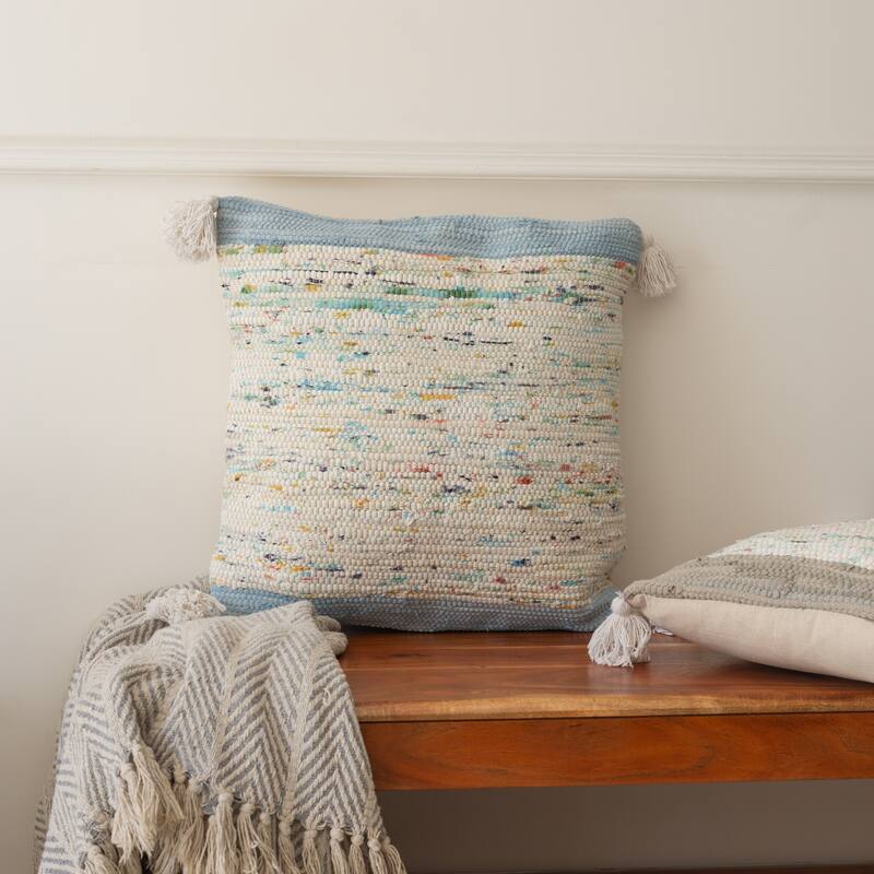 Handwoven Abstract Square Cotton Throw Pillow Cover - 20" - Cream and Blue