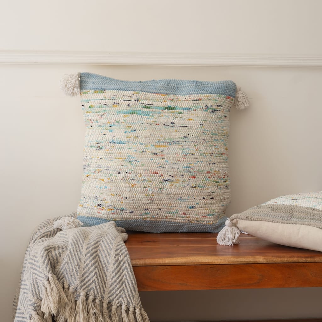 Handwoven Abstract Square Cotton Throw Pillow Cover - 20" - Cream and Blue