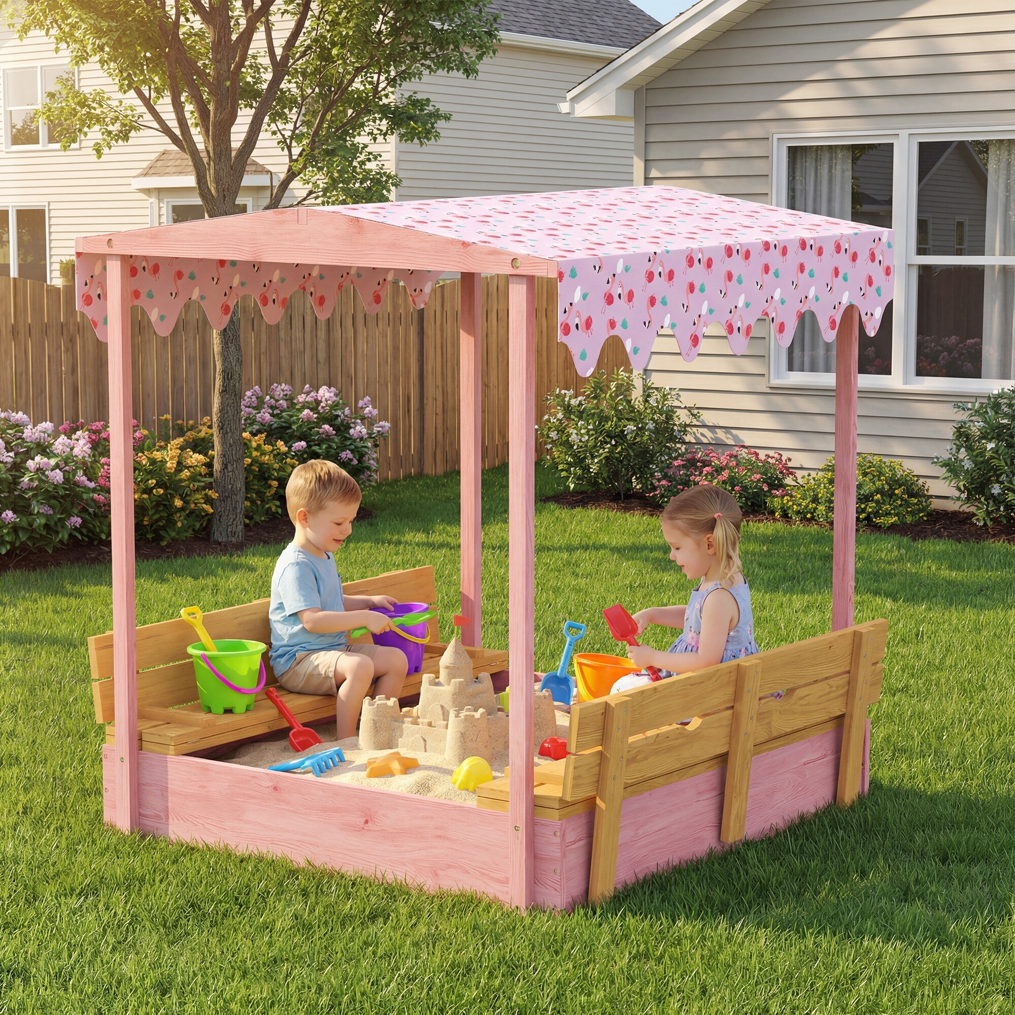 Qaba Wooden Sandbox with Cover, Bench Seats, Liner, Canopy
