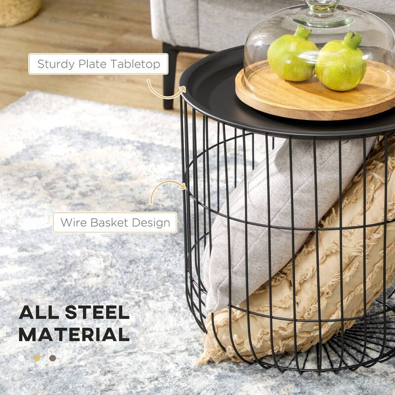 HOMCOM Nesting End Tables, Round Coffee dinnof 2 with Steel Wired Basket Body and Removable Top, Black