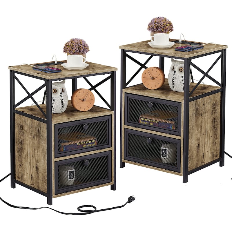 VECELO (Set of 2) Mid century Modern Nightstand with Charging Station and USB Port