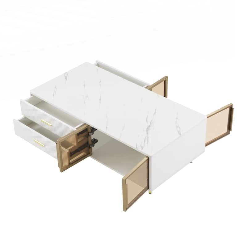 Modern White Coffee Table with 2 Glass Door Storage