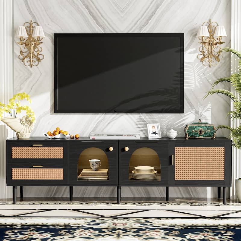 71" TV Stand for TVs Up to 80'', Entertainment Center TV Console Table with Storage, Home Media Console with Rattan Decor