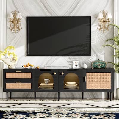 Rattan TV Stand with 3 Cabinets & 2 Drawers, Media Console Table for TVs up to 80"