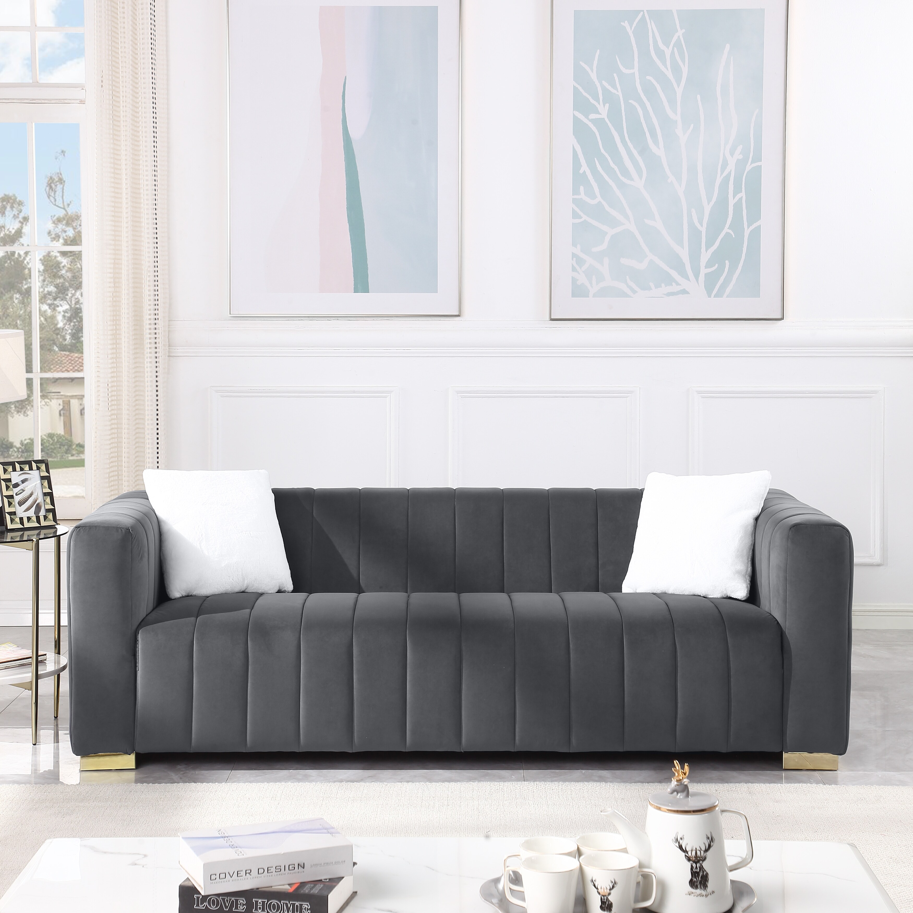 87'' Velvet Upholstered 3-Seater Sofa Modern Camel Back Sofa
