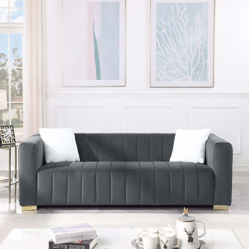 Dark Grey Chesterfield 87.01" Velvet Channel Tufted 3-seater Sofa with Pillows for Living Room - Dark Grey