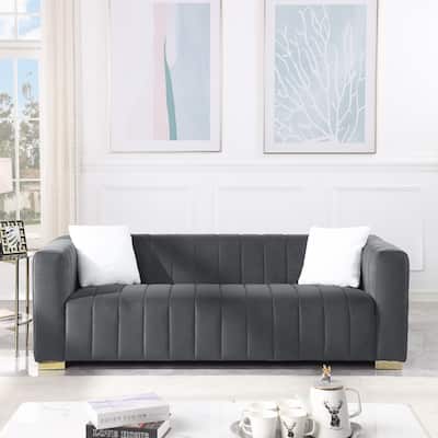 Dark Grey Chesterfield 87.01" Velvet Channel Tufted 3-seater Sofa with Pillows for Living Room