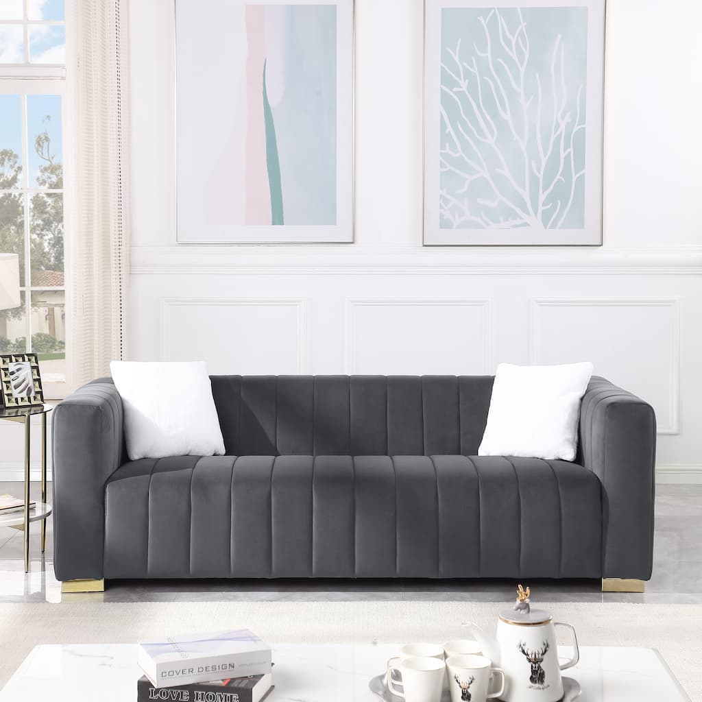Dark Grey Chesterfield 87.01" Velvet Channel Tufted 3-seater Sofa with Pillows for Living Room