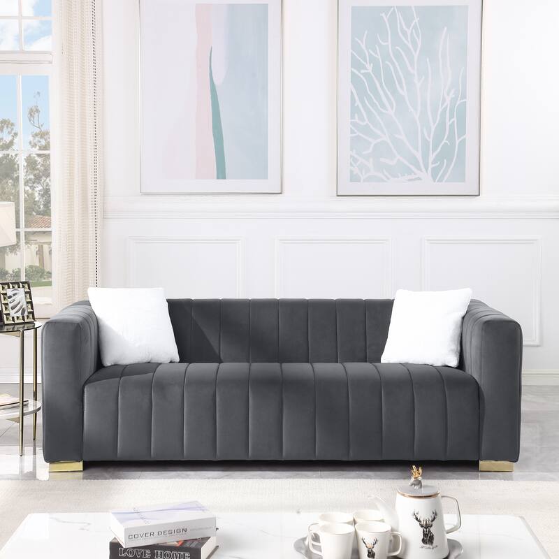 Velvet Channel Tufted 3-seater Sofa with Pillows - Dark Grey