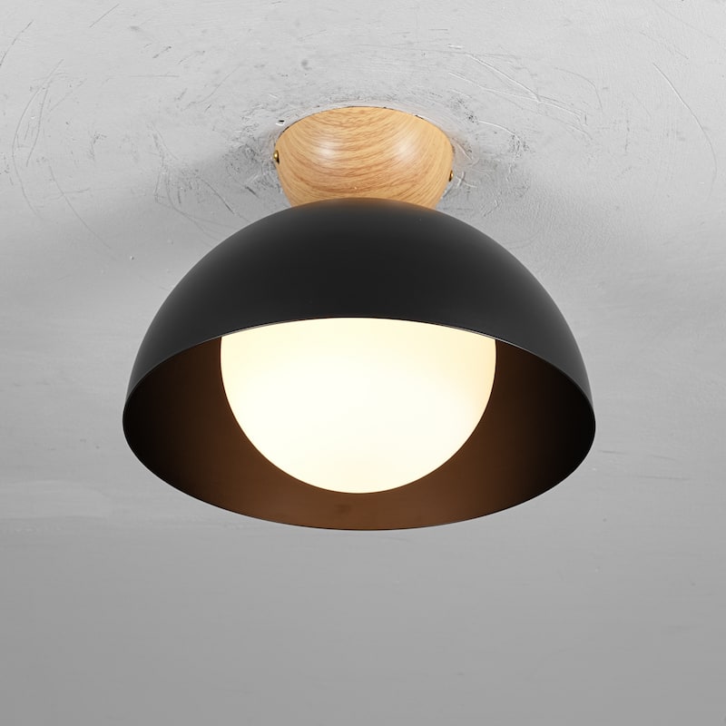 1-Light 11.8" Modern Farmhouse Black Semi-Flush Mount Ceiling Light - 11.8 in. W x 9.84 in. H