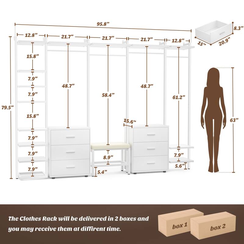 96'' Closet Organizer System with 6 Drawers, Clothing Rack Wardrobe Closet Garment Rack for Walk In Closets