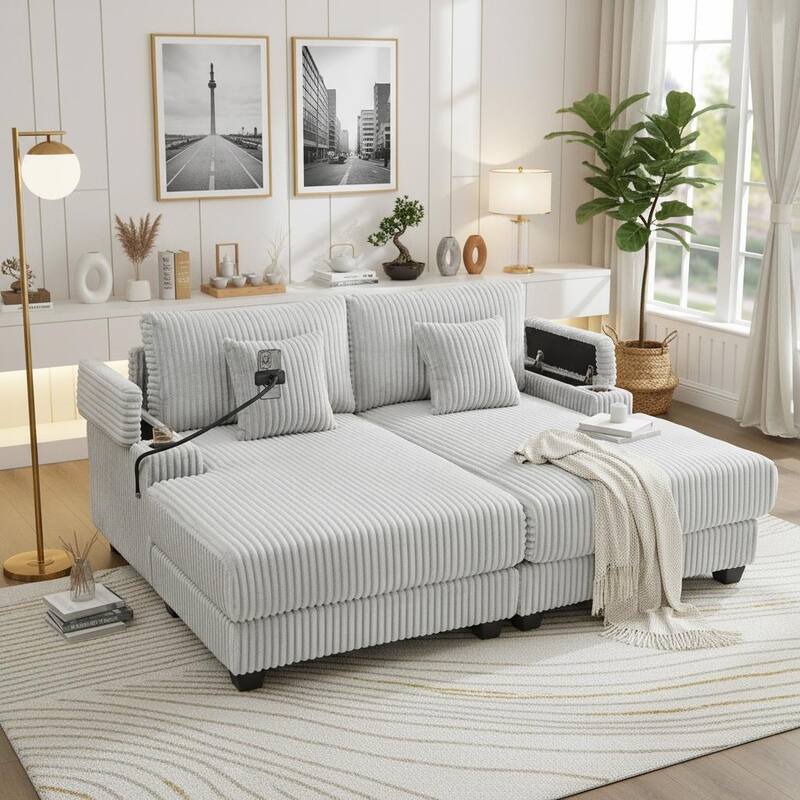 Modern Corduroy Chaise Lounge Sofa by Harper&Bright Designs. - LightGrey.