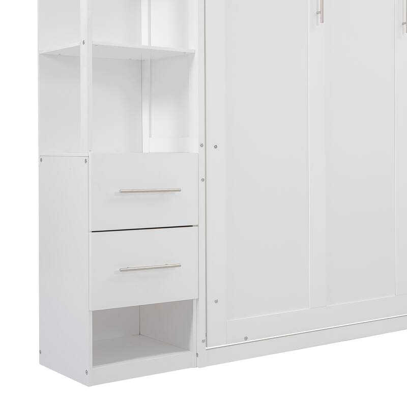 Modern Queen Size Murphy Bed with Shelves, Drawers & LED Night Light - Ideal for Multi-Functional Spaces