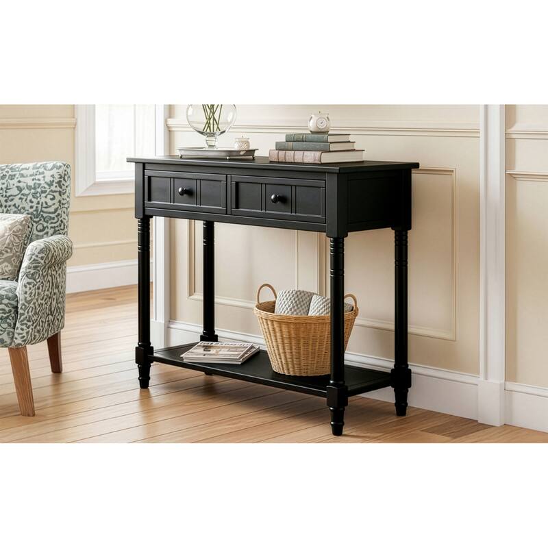 Traditional Design Console Table with Drawers and Shelf - Black