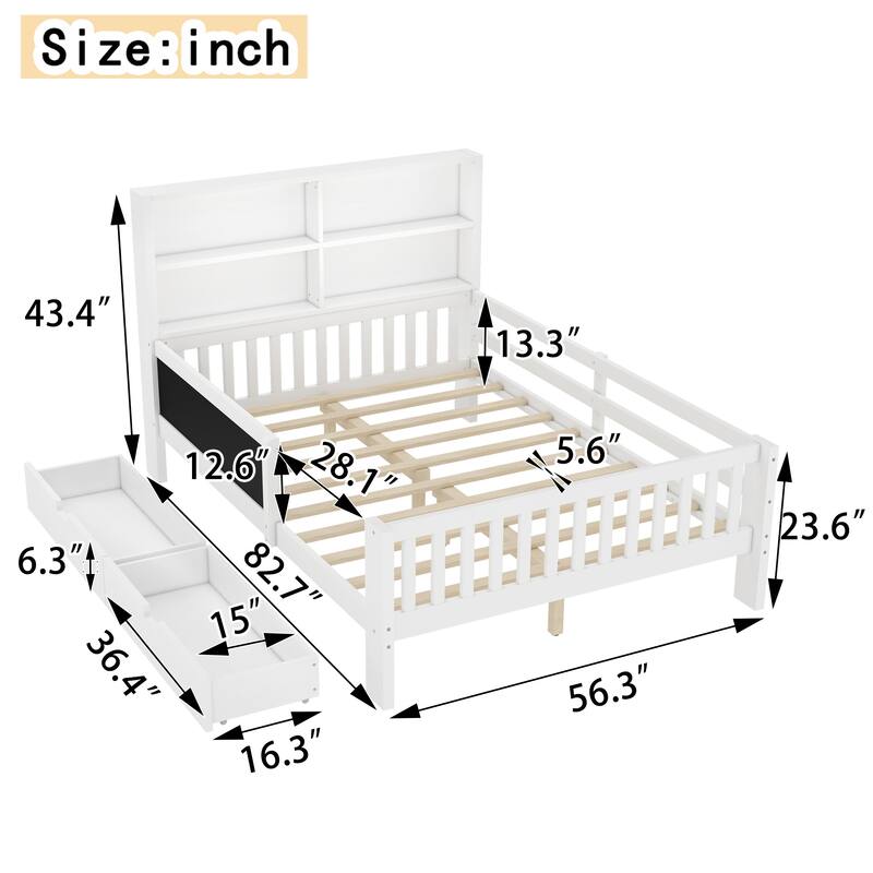 Childlike Fun Solid Wood Low-profile Platform Bed Storage Bed Frame with Side Chalkboard, Open Shelves, Drawers and Guardrails
