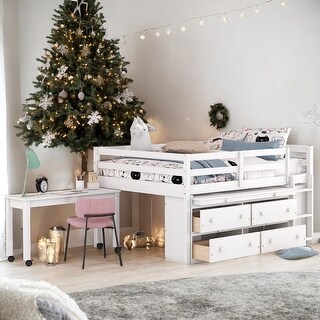 Functional Full Size Wooden Loft Bed with Retractable Writing Desk and 4 Drawers, Solid Construction, Versatility galore, White