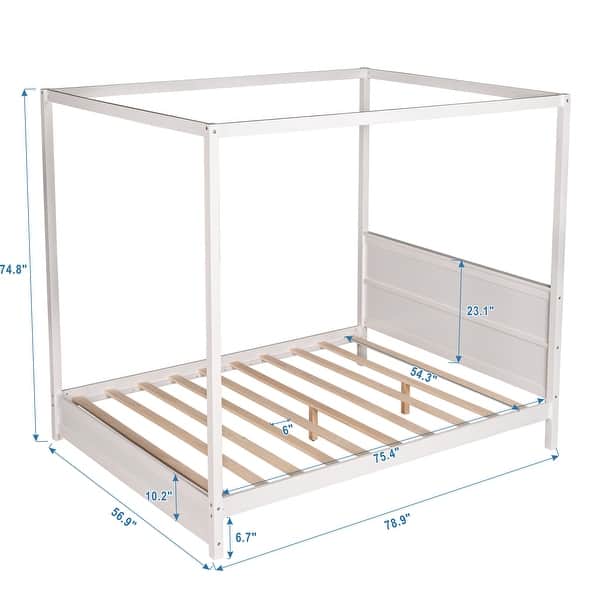 dimension image slide 2 of 4, Modern Queen/Full Size Canopy Platform Bed with Headboard and Support Legs - Natural Finish, Sturdy Pine Wood Construction