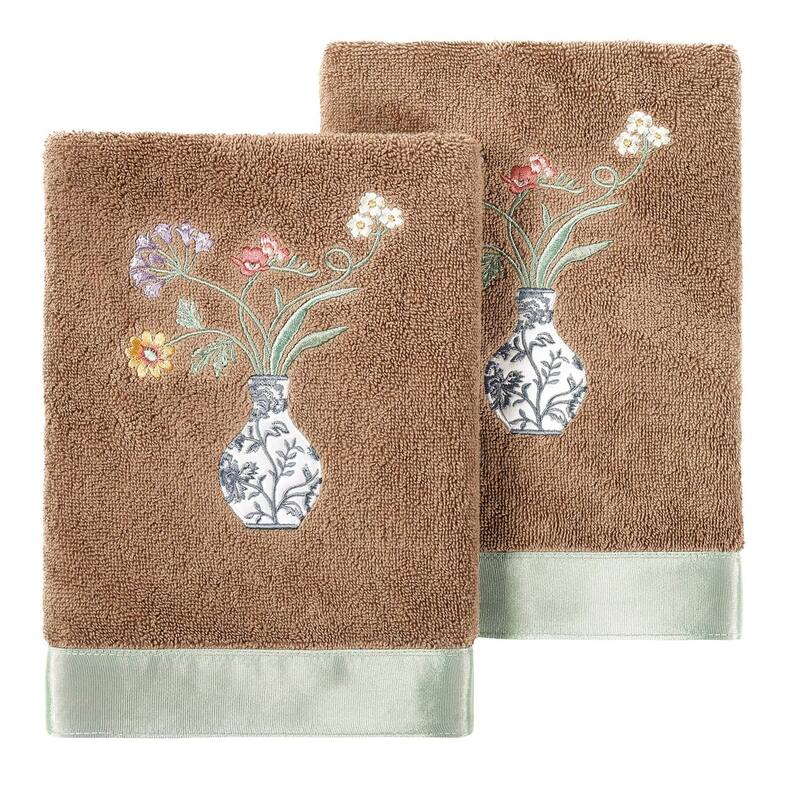 Authentic Hotel and Spa 100% Turkish Cotton Stella 2PC Embellished Hand Towel Set - Cocoa