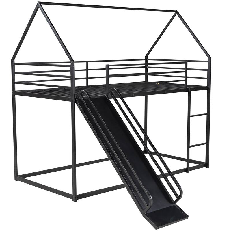 Twin Metal House Bunk Bed with Ladder, Slide, and Guardrails