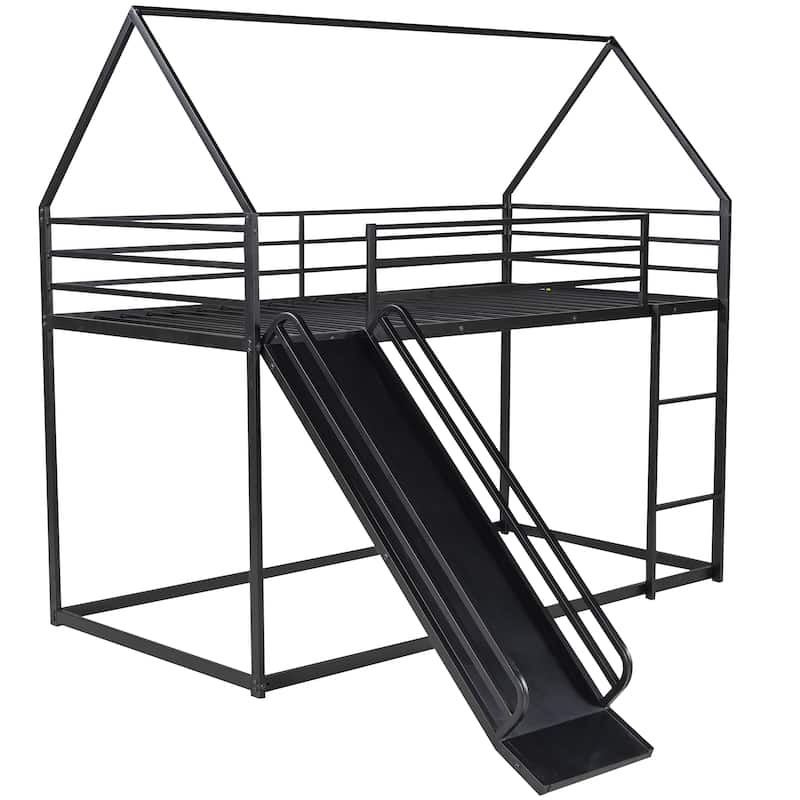 Twin over Twin House Bunk Bed with Ladder and Slide, White