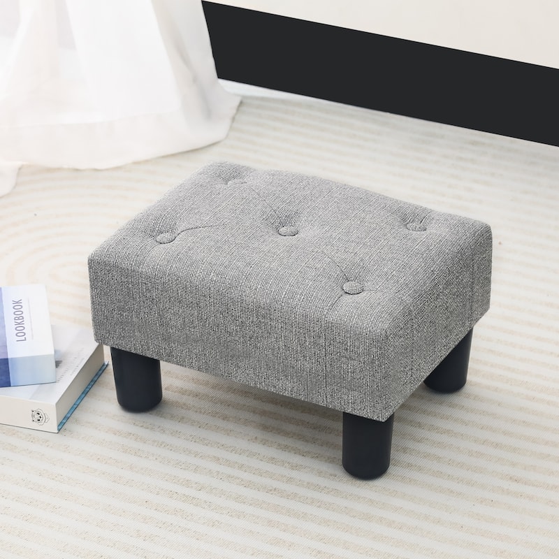 Adeco Button Tufted Linen Foot Stool Rectangular Small Ottoman - Grey