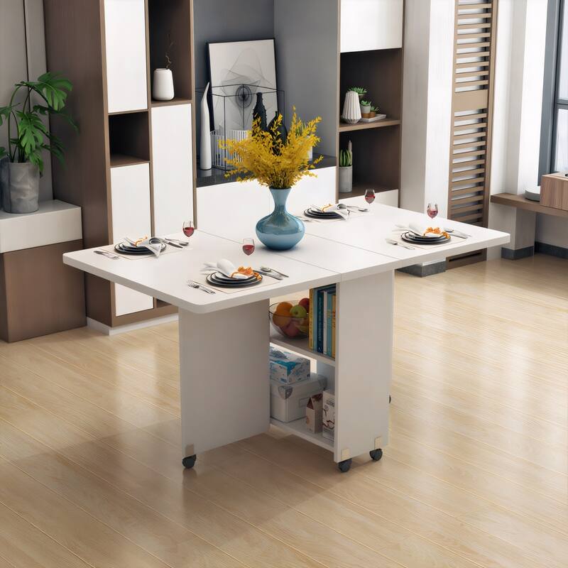 Space-Saving Drop-Leaf Table‌ – 47.2"L x 23.6"W x 30.3"H, White Finish With 6 Wheels & 2-Tier Storage Shelf (Foldable Design)