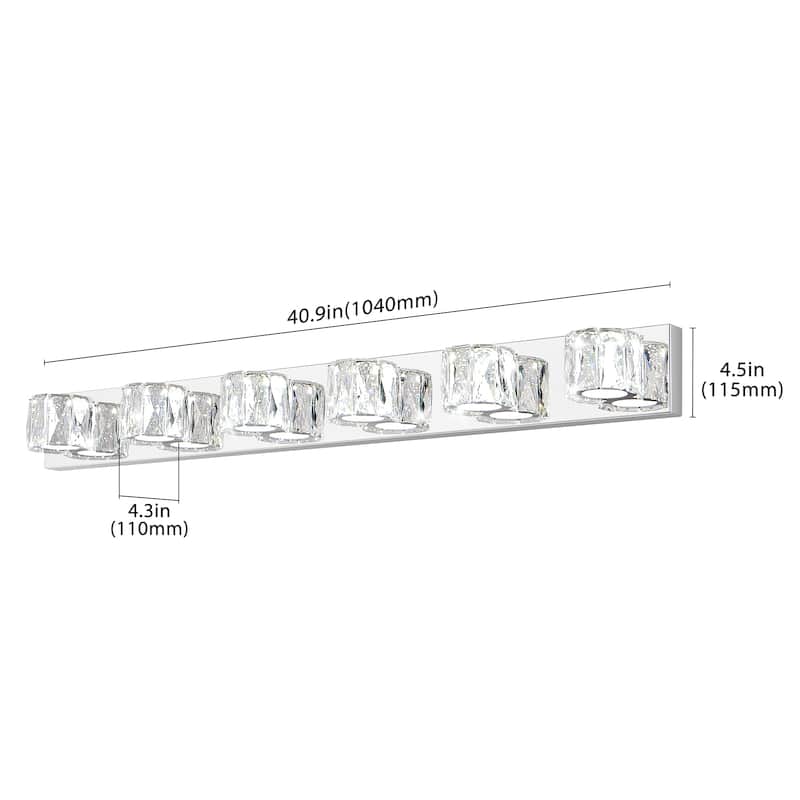 41" Modern Crystal 6-Light LED Wall Sconce - Elegant Chrome Bathroom Vanity Light with Clear Crystal Shades