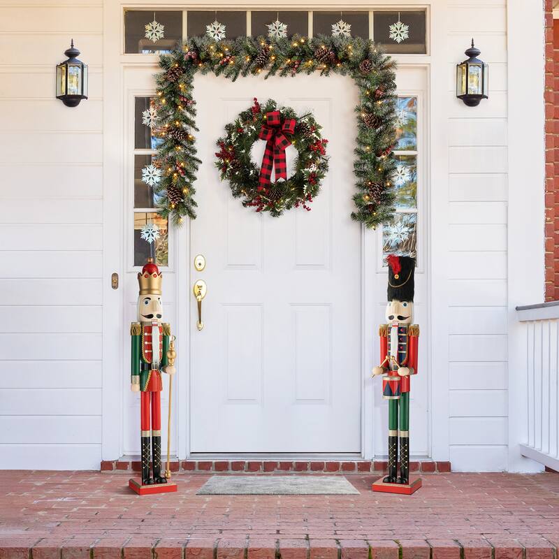 Glitzhome 42"H Set of 2 Wooden Christmas King and Soldier Nutcrackers Xmas Porch Decor