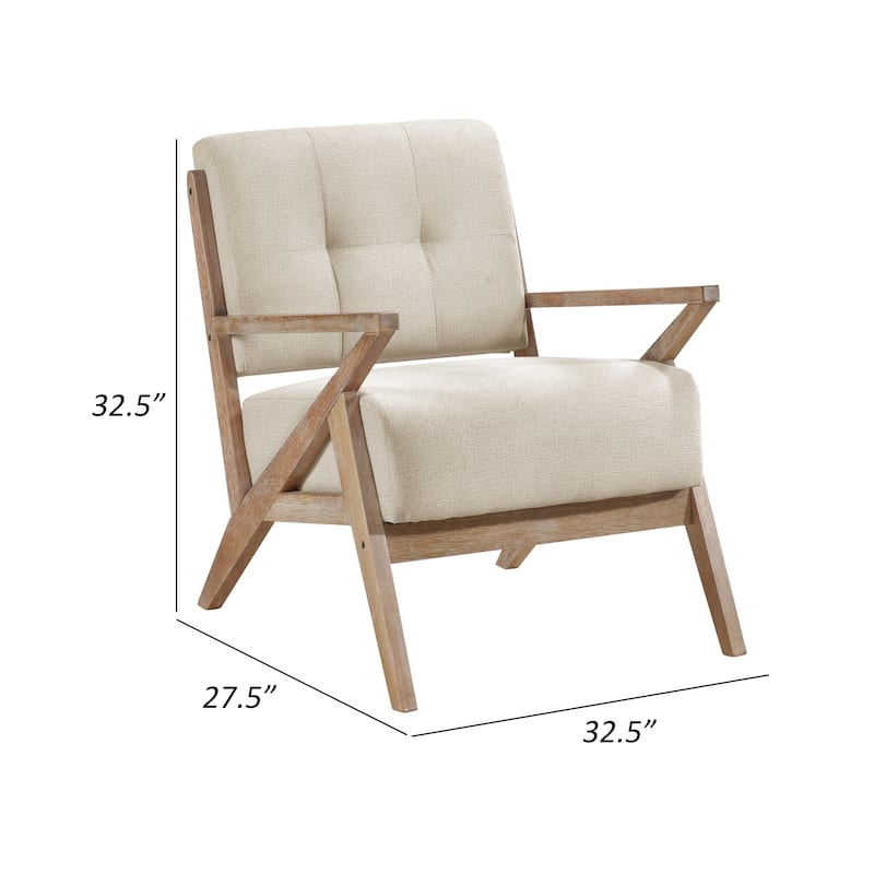 Edra 33 Inch Accent Armchair, Rubberwood Frame, Cushioned Beige Polyester