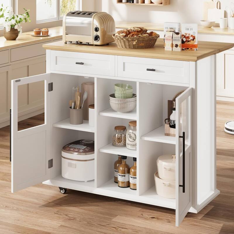 Kitchen Island, Rolling Kitchen Island Cart On Wheels With Widen Drop Leaf Top, 2 Glass Doors, Spice Rack & Towel Holder