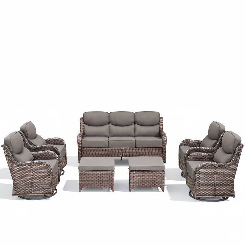 Arcadia 7-Piece Wicker Patio Conversation Set with Swivel Gliders and 6-Inch Thick Olefin Cushions