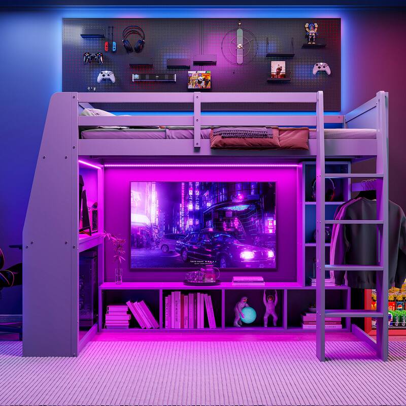 Full Size Pinewood Gaming Loft Bed with Desk, LED Lighting, Storage Shelves and Hanging Clothes Rack