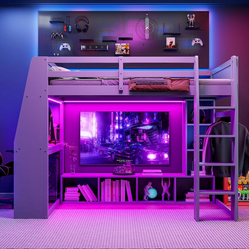 Multi-Functional Gaming Loft Bed with Built-in Desk & Storage Cabinets, Wood Bed Frame with LED and a Hanging Clothes Rack
