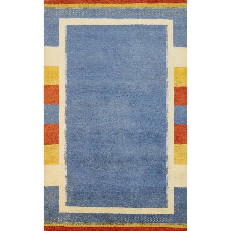 Hand Knotted Oriental 100% Wool Carpet Modern Geometric Navy Blue & Blues Gabbeh Area Rug - 7' 7'' X 5' 3''