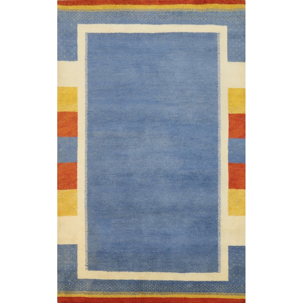 Hand Knotted Oriental 100% Wool Carpet Modern Geometric Navy Blue & Blues Gabbeh Area Rug - 7' 7'' X 5' 3''