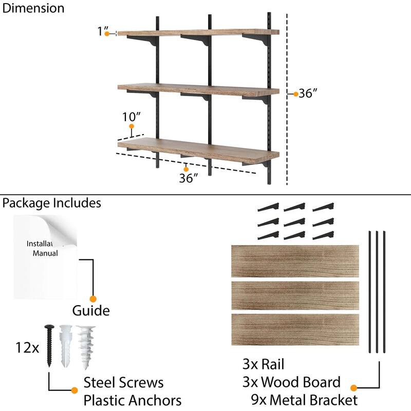 Wallniture Turin 36" Floating Bookshelves with Adjustable Brackets, Hanging Shelves, Living Room Decor 2,3 or 4 Tier Options