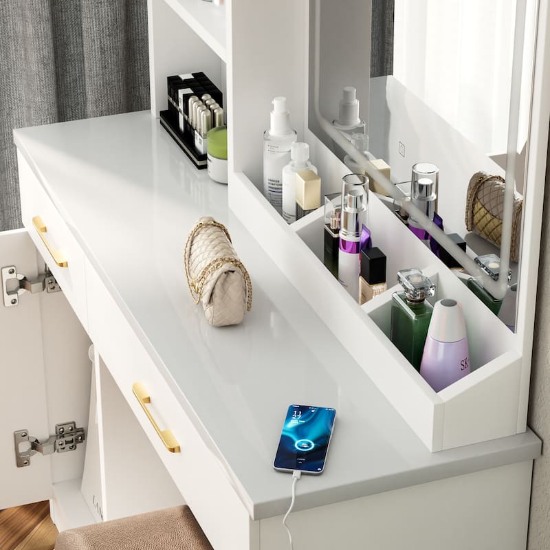 32" Wide Makeup Vanity Desk with Lighted Mirror and Power Outlet, Dressing Table with Large Storage Space and Cushioned Stool