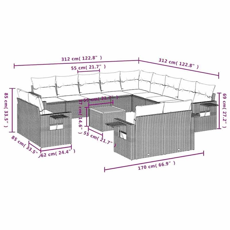 vidaXL 14 Piece Patio Sofa Set with Cushions Gray/Black Poly Rattan - 24.4" x 24.4" x 27.2"