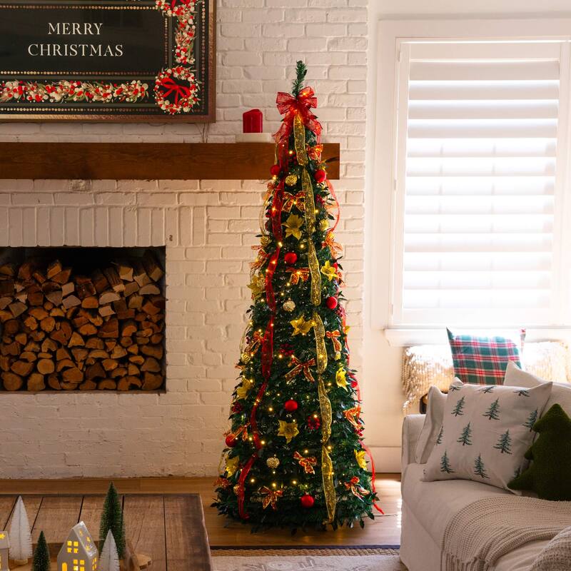 7-ft Pre-Lit Pop up Christmas Tree with Red & Gold Ornaments