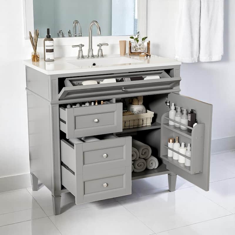 36 Inch Bathroom Vanity with Sink Top, Freestanding Storage Cabinet with 3 Drawers and Single Door, Modern Style - Grey