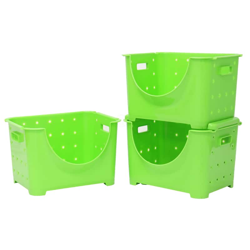 Basicwise Plastic Stackable Storage Containers - Set of 3 Green