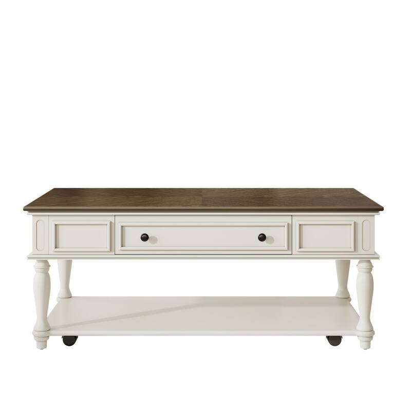Farmhouse Coffee Table with One Drawer,Solid Wood Legs and Lockable Wheels